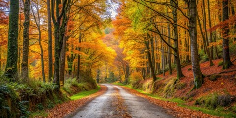 Road through autumn forest on the Camino de Santiago pilgrimage route , Camino de Santiago, way of St James, fall, autumn