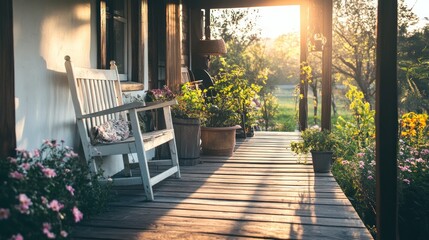 A white rocking chair sits on a wooden porch with sunlight streaming through the doorway and plants in pots.