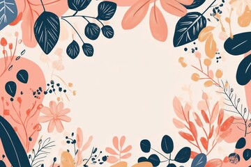 A festive peach and coral spring wallpaper, with playful cartoon leaf and butterfly patterns, leaving a large blank space in the center for writing