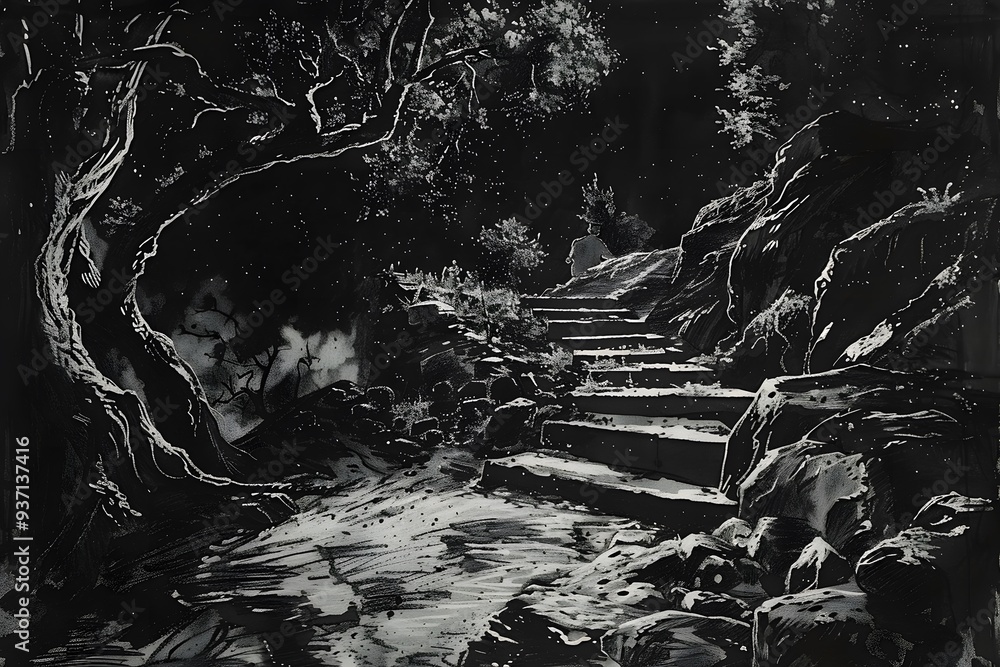 Poster Dark and Mysterious Forest Path with Stone Steps.