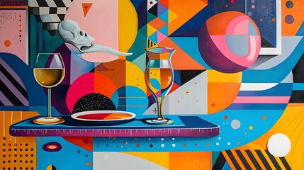 Abstract Still Life with Wine Glasses and Geometric Shapes.