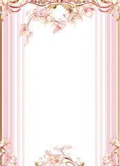Art Nouveau frame paper with pink and white striped border with flowers, elegant frame for text, background, scrapbook, card or craft art . 8x11in