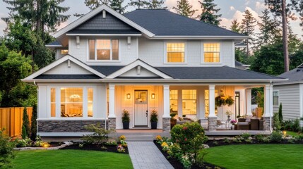 Naklejka premium A beautiful two-story white house with a porch and a manicured lawn.
