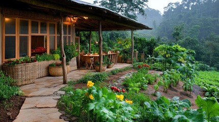 A wooden cabin with a porch overlooking a lush green garden and a hillside covered in trees in the background.