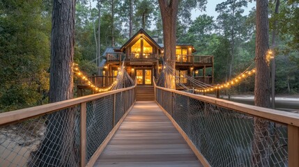 Fototapeta premium A wooden bridge leads to a treehouse with string lights at dusk.