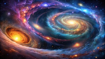 Cosmic abstract with swirling galaxies and nebulae , space, stars, universe, celestial, ethereal, surreal, cosmic