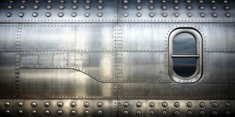 Airplane fuselage silver metal texture with rivets , aviation, aircraft, travel, transportation, industrial