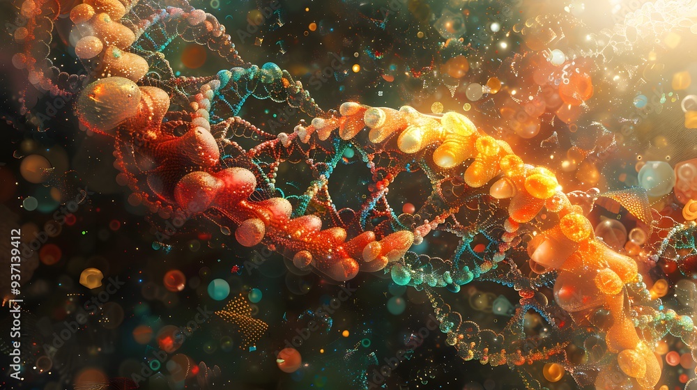Poster abstract dna double helix structure with glowing particles.