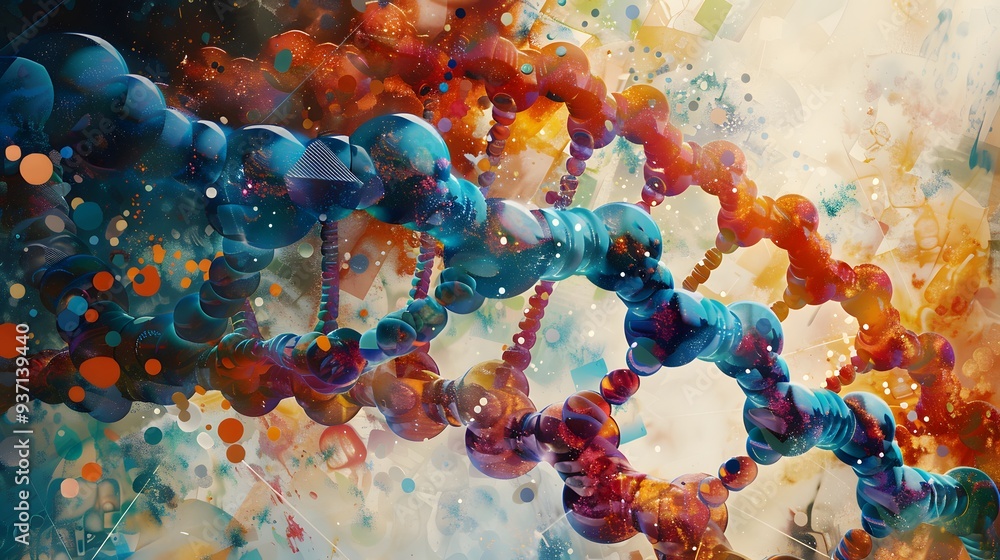 Poster abstract dna structure with colorful bubbles.