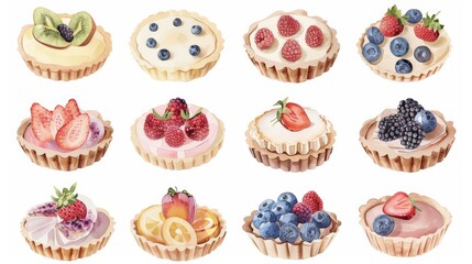 A collection of twelve assorted fruit tarts, featuring strawberries, blueberries, blackberries, kiwi, and peaches.