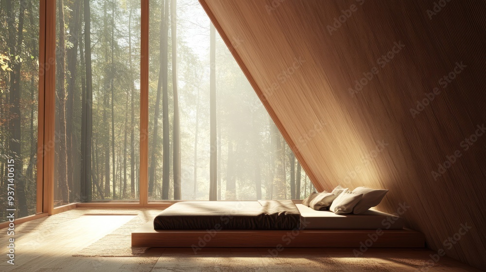 Sticker A modern wooden bedroom with a large window overlooking a forest.