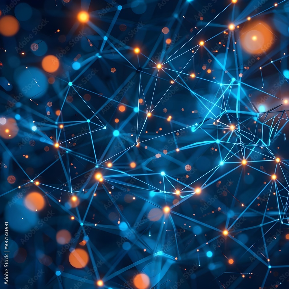 Poster a network of interconnected glowing nodes, symbolizing data communication, digital networking, and t