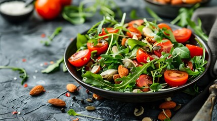 On a gloomy backdrop a humid food salad is presented in an almond halves
