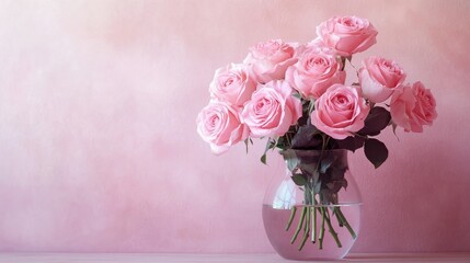 Obraz premium Delicate pink roses arranged in a vase against a soft pink wall background, adding a touch of elegance and warmth to the scene.