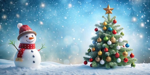 Obraz premium Christmas card with snowman and decorated Christmas tree, Christmas, card, snowman, tree, decoration, holiday, winter