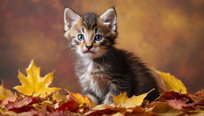  Curious kitten exploring autumn leaves