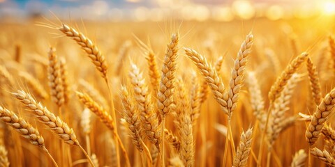 Fototapeta premium Close-up of golden wheat stalks in field, wheat, stalks, golden, agriculture, crop, farming, rural, nature, close-up, growth
