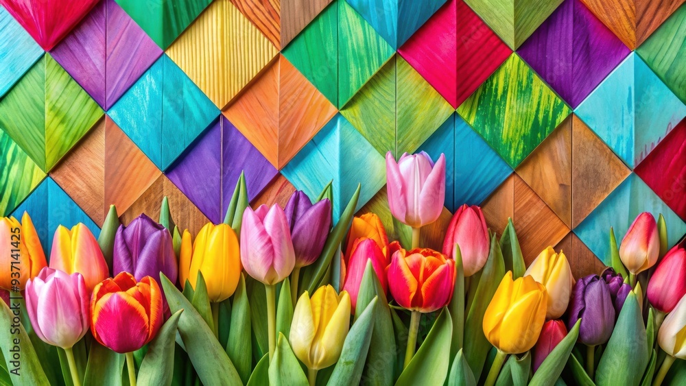 Poster Colorful tulips in a vibrant, geometric pattern, flowers, spring, garden, floral, colorful, tulip, arrangement, vibrant