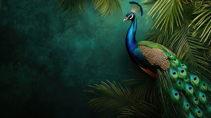 Fototapeta premium Elegant Indian peacock displaying its feathers, with ample copy space.