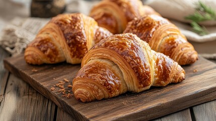Freshly baked croissants arranged on a wooden board, showcasing golden layers and a flaky texture, perfect for any breakfast spread.