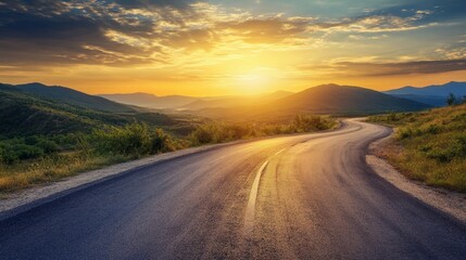 Naklejka premium Scenic winding road at sunset, surrounded by hills and a vibrant sky, ideal for travel and nature themes.