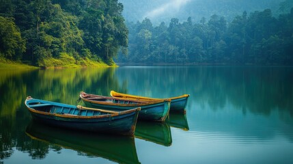 Fototapeta premium Fishing boats moored on a pristine lake, with forest trees creating a lush and calming backdrop in the natural setting.
