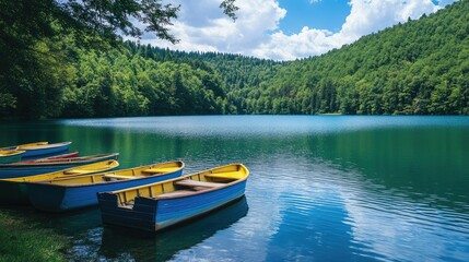 Fishing boats moored on a pristine lake, with forest trees creating a lush and calming backdrop in the natural setting.