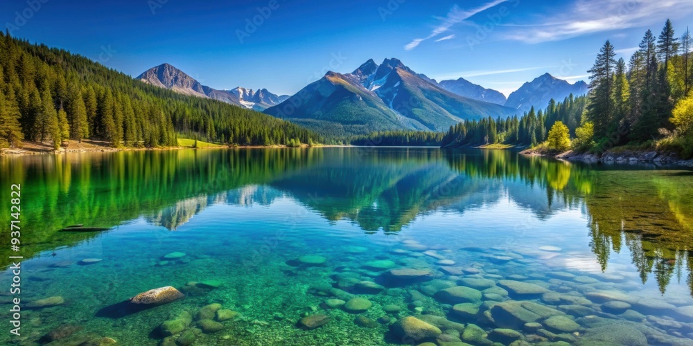 Poster Serene mountain lake with crystal clear water, mountain, lake, serene, tranquil, clear water, nature, reflection