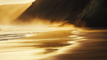 Golden morning sunlight on a quiet beach, leaving room for copy.