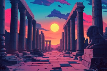 Ancient Ruins and a Sphinx at Sunset
