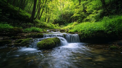 A serene forest stream flows over moss-covered rocks, surrounded by vibrant greenery and peaceful nature sounds.