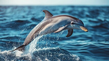 Fototapeta premium A dolphin leaping out of the ocean with water droplets frozen midair, sharp focus, bright sunlight, deep blue water, vibrant mood