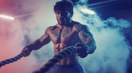 Athletic man doing exercise with rope at gym. Bodybuilder with workout and fitness.