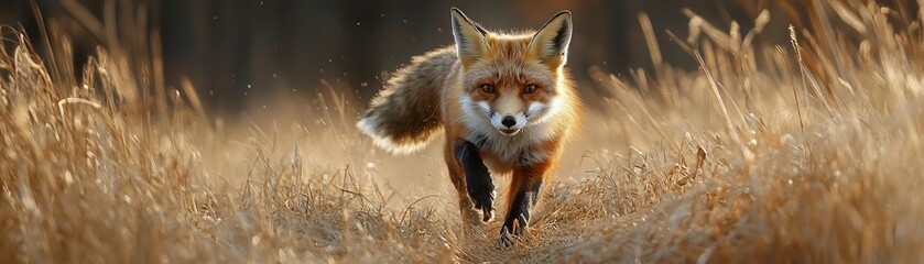 Obraz premium A fox darting through tall grass in pursuit of prey, its body low and focused, sharp focus, natural lighting, earthy tones, outdoor setting