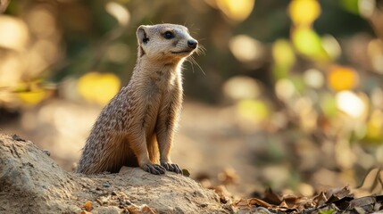 Fototapeta premium Indian mongoose standing alert in the wild, with room for copy.