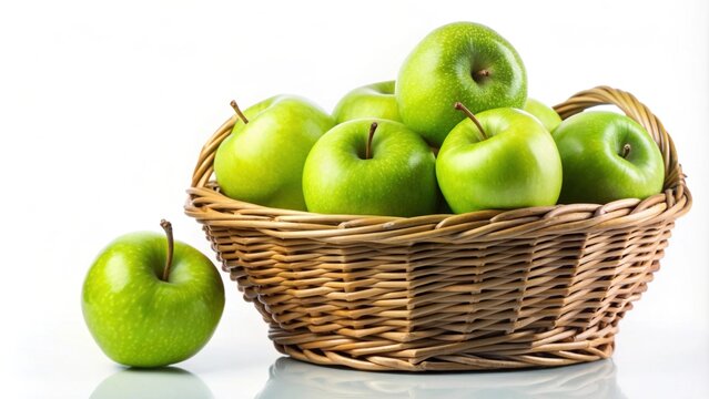 Green apples in a wicker basket on white background, green, apples, basket, fruit, isolated, wicker, fresh, organic, healthy, snack