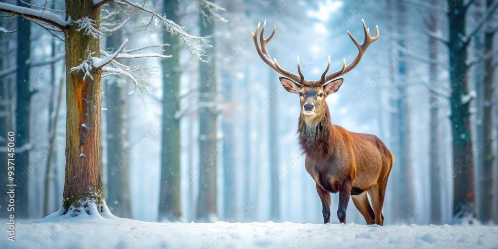 Sticker Beautiful deer with majestic antlers standing gracefully in a snowy winter forest , wildlife, nature, majestic, elegant, deer