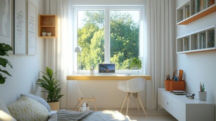 Minimalist study table placed near a child's bedroom window, featuring a simple yet elegant design in a bright, airy space.