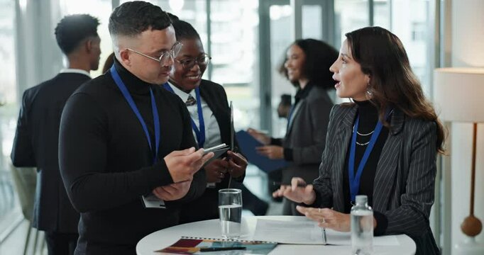Welcome, handshake and business people at onboarding seminar with opportunity, info or registration. Introduction, man and women shaking hands, networking and connect at conference for company growth