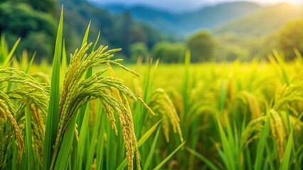 Green rice field with lush rice ears during the rainy season , agriculture, farming, crop, rural, countryside, agriculture