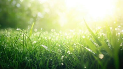 Obraz premium Morning sunlight glinting off dewy grass, with space for text.