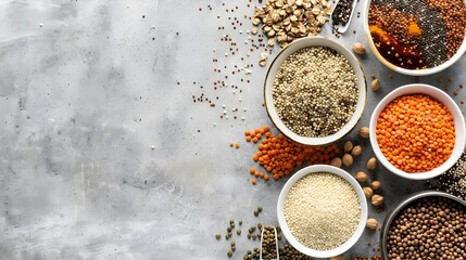 Neatly Organized Composition of Healthy Foods and Ingredients in Muted Palette with Copy Space