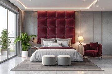 Modern Bedroom Interior with Velvet Headboard, Burgundy Accents, Large Bed, Armchair, Round Coffee Table, Floor Lamp, and Green Plant in White Pot on Light Gray Ceramic Tiles.