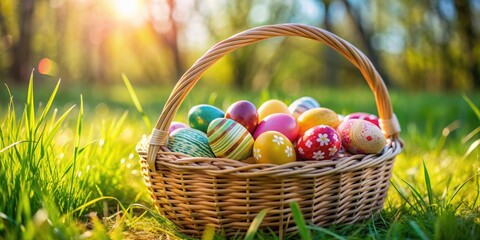 Traditional Easter eggs in a basket for an Easter picnic , Easter, eggs, basket, picnic, spring, holiday, celebration
