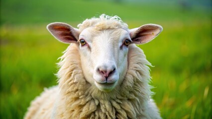 Fototapeta premium A close-up photo of a fluffy white sheep in a green field, sheep, wool, livestock, farm animal, countryside, agriculture