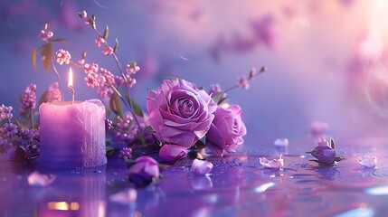 On a violet surface adorned with delicate roses and a hazy backdrop a flickering candle rests