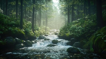 Fototapeta premium Peaceful stream flowing through a dense forest, with space for copy.