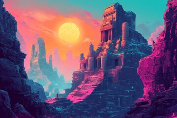 Ancient Temple Ruins in a Vibrant Desert Landscape