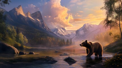 Grizzly Bear in Mountain River at Sunset.