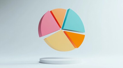 Obraz premium 3D pie chart with vibrant segments floating in mid-air, set against a white minimalist background